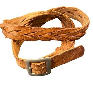 Braided Brown Leather Belt Western Boho Cowgirl Silver Tone Buckle Womens Large